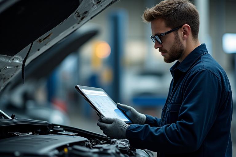 Skúsený mechanik kontroluje motor auta s diagnostickým nástrojom