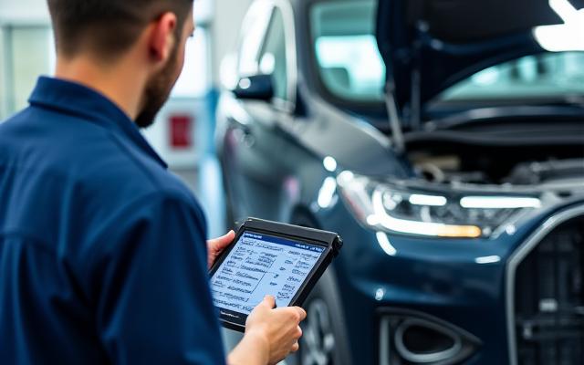 Mechanik vykonáva diagnostiku vozidla s tabletom